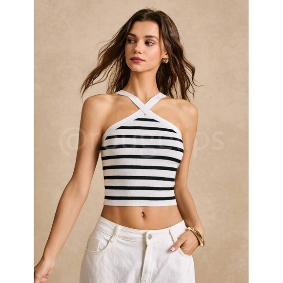 Striped Black White Halter Knit Crop Top - Picture 6 of 9